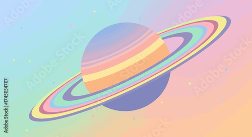 Pastel Colored Saturn Planet with Rings on Gradient Background.