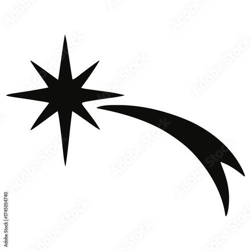 Bethlehem star silhouette with curved tail, Christmas icon black on white