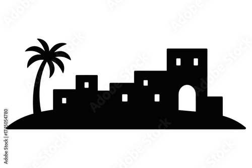 Bethlehem town silhouette with palm tree on hill, desert skyline black