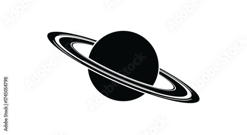 Planet Saturn with its rings shown in a simple black silhouette.