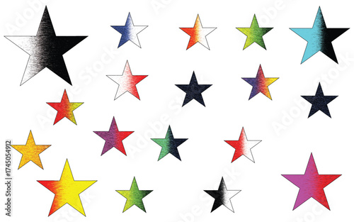 colorful gradient stars on white background with metallic texture design, multicolor star pattern illustration isolated on clean white backdrop, bright decorative stars artwork in rainbow colors 
