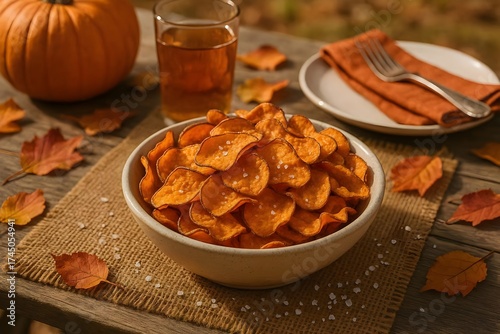 A bowl of crispy sweet potato chips sprinkled with sea salt on a rustic wooden table.