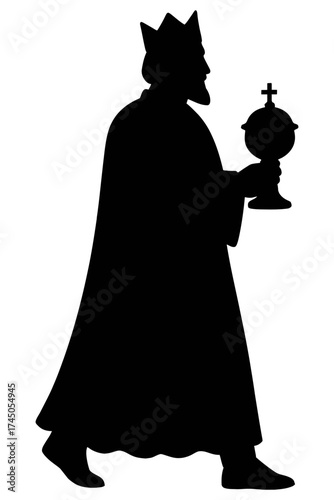 Crowned wise king silhouette carrying gift vessel, Magi profile, black on white