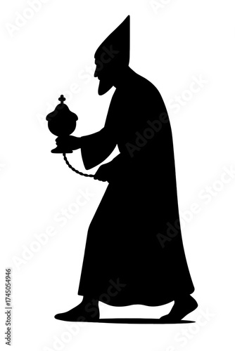 Wise man silhouette with tall crown holding gift, Magi walking, black on white