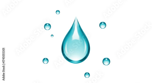Isolated Blue Water Drop Shape with Circular Bubbles for Hydration or Clean Fresh Water Concept
