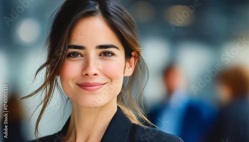 Confident businesswoman in modern office setting, ready to tackle challenges and succeed.