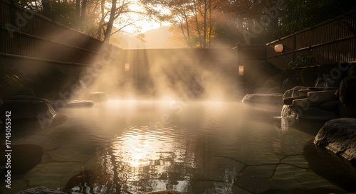 Serene onsen hot spring bath with rising steam and sunlight in a japanese garden