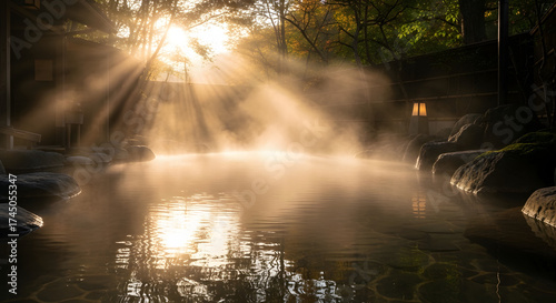 Serene onsen bath with sunlight streaming through trees creating a peaceful scene