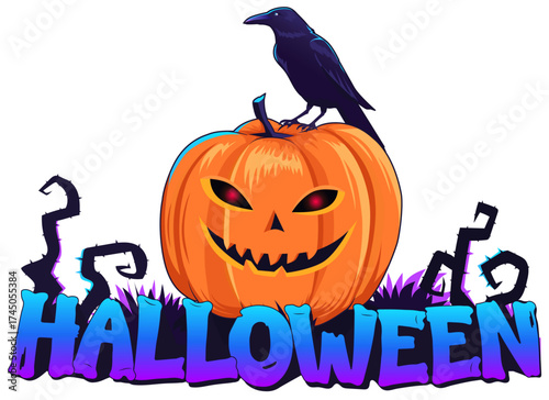 Funny Halloween sticker with pumpkin and crow blue color design