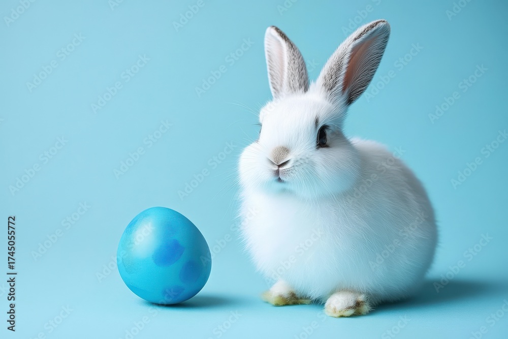 Fototapeta premium Adorable White Easter Bunny with Teal Egg