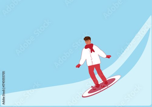 Young man snowboarding in warm clothes outdoors in winter - color vector illustration, background for flyers, posters, postcards