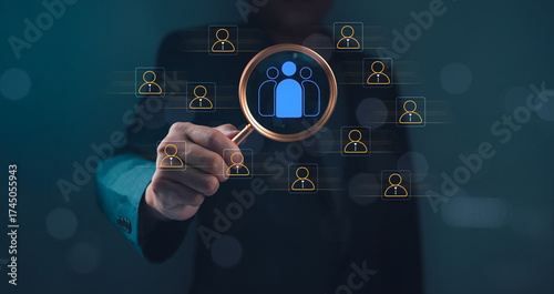 Human Resource HRM or Hr management Recruitment resources new career global job search to register resume internet magnifying selective hiring icon,one of employee leading in recruiting opportunities