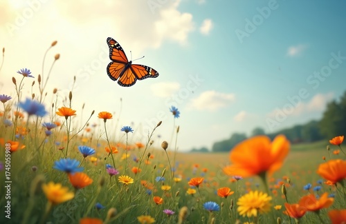 Orange monarch butterfly flies high above rich green meadow. Colorful wildflowers bloom under bright blue sky, with soft white clouds. Insect soars freely, wings catching light, exploring nature in