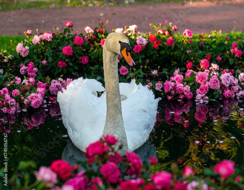 Swan amidst vibrant roses