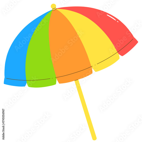 Rainbow beach umbrella to sun bathe in beach on a sunny summer days holiday and vacation