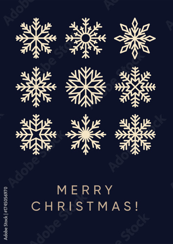 Merry Christmas greeting card design. Elegant geometric snowflakes pattern, s...