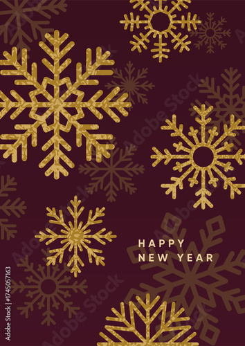 Happy New Year greeting card. Festive winter holiday poster design with golde...