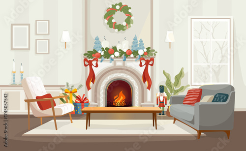 Bright modern Christmas living room with fireplace and wreath. Cozy festive interior with warm firelight, stylish decor and soft colors. Vector illustration for holiday card, poster and winter design