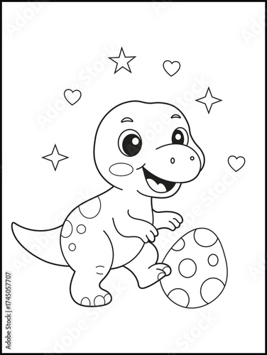 Cute Baby Dinosaur Playing with Egg. Fun and Easy Cartoon Coloring Page for Kids with Stars and Hearts. Adorable Prehistoric Printable Activity for Toddlers and Preschoolers