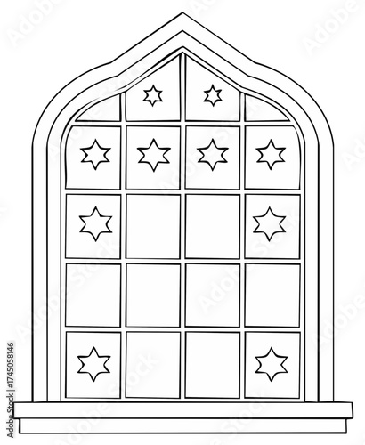 Gothic arch window with star pane detail drawing simple outline
