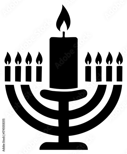 Menorah Silhouette with Nine Burning Candles for Hanukkah Holiday Celebration