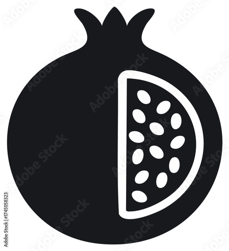 Stylized black pomegranate fruit icon with slice and visible seeds vector graphic