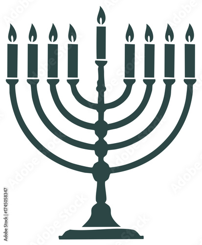 Nine branch Hanukkah menorah with burning candles religious symbol illustration