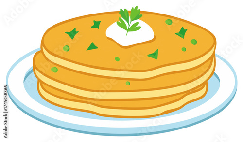 Stack of Golden Pancakes with Cream and Parsley Topping on a Plate
