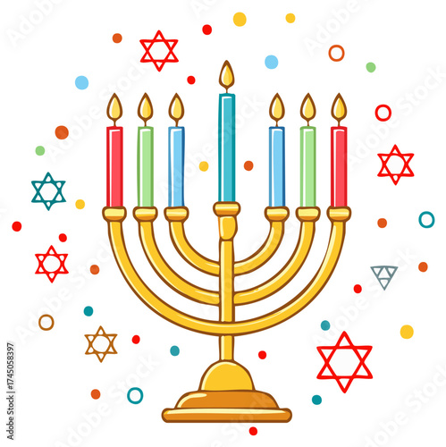Menorah with colorful candles and star patterns for Hanukkah celebration