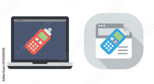 Laptop displaying a retro pager icon and a separate web page icon featuring a blue pager, illustrating communication technology.