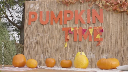 An enchanting fall-themed arrangement showcases a variety of pumpkins, colorful autumn leaves, and a captivating 'PUMPKIN TIME' sign, reflecting the charm of the autumn season.