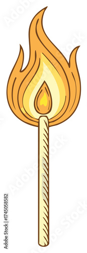 Burning Matchstick with Bright Flame Illustration Isolated on White