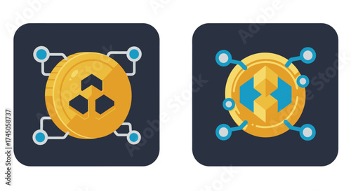 Two Golden Cryptocurrency Coins with Decentralized Network Connections for Digital Finance and Blockchain Technology