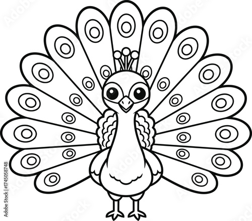 Cute peacock cartoon line art vector for children coloring and educational printable sheet