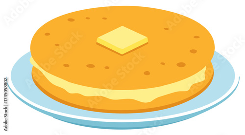 Fluffy pancake with a pat of butter on a plate, isometric vector breakfast food illustration