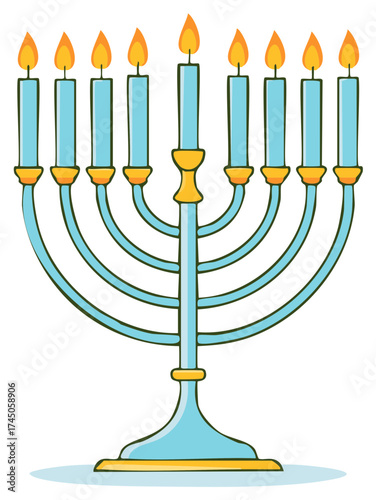 Illuminated Menorah with Nine Blue Candles Burning Brightly