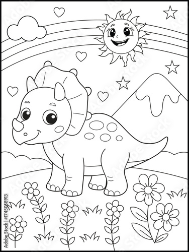Cartoon Triceratops with Rainbow and Sun Coloring page for kids. Black and White Line Art for Kids Coloring Pages and Dinosaur Crafts
