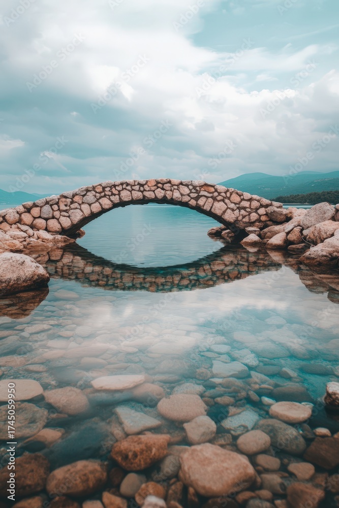 Obraz premium A serene stone bridge arches over calm waters, reflecting the tranquil sky and surrounding landscape, creating a picturesque scene ideal for travel features, nature blogs, or calming visuals,