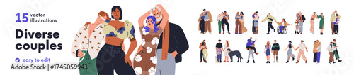 Different love couples, romance diversity set. Gay, lesbian and heterosexual partners. Romantic relationships between diverse men, women. Flat graphic vector illustrations isolated on white background