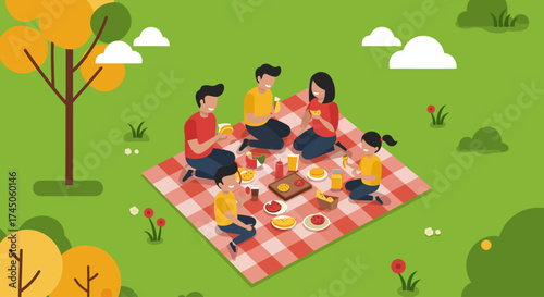 A cheerful flat design illustration depicting a diverse family enjoying a delightful picnic in a park, sharing food and laughter under the sun. 
