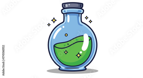 A round glass bottle filled with glowing green liquid and a dark cap.