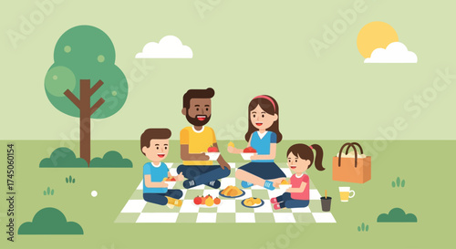 A cheerful flat design illustration depicting a diverse family enjoying a delightful picnic in a park, sharing food and laughter under the sun. 