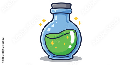 A cartoon illustration of a glass potion bottle filled with glowing green liquid.