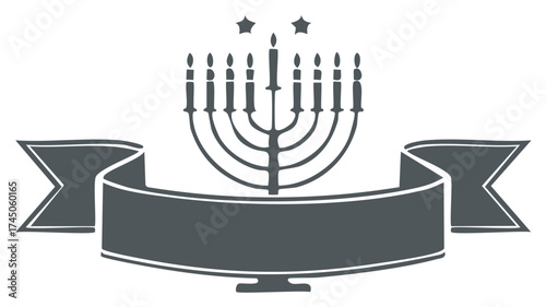 Jewish menorah symbol with banner, candles and stars, for Hanukkah celebration design.