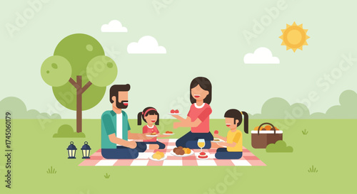 A cheerful flat design illustration depicting a diverse family enjoying a delightful picnic in a park, sharing food and laughter under the sun. 