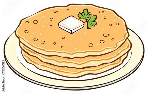 Stack of pancakes with butter and parsley on a plate, cartoon illustration.
