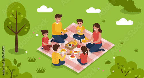 A cheerful flat design illustration depicting a diverse family enjoying a delightful picnic in a park, sharing food and laughter under the sun. 