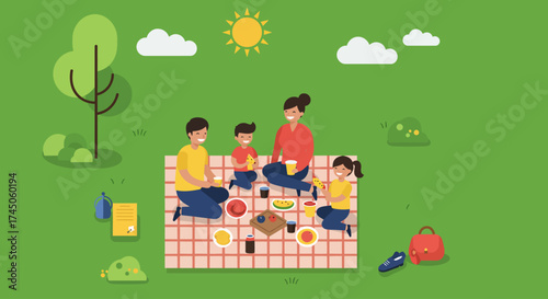 A cheerful flat design illustration depicting a diverse family enjoying a delightful picnic in a park, sharing food and laughter under the sun. 
