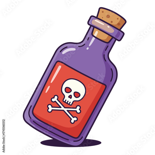 Cartoon illustration of a purple glass bottle filled with red liquid and a skull and crossbones warning label.