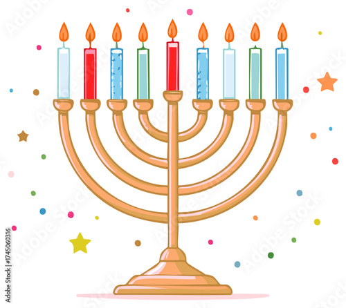 Nine Arm Menorah with Colorful Candles and Stars